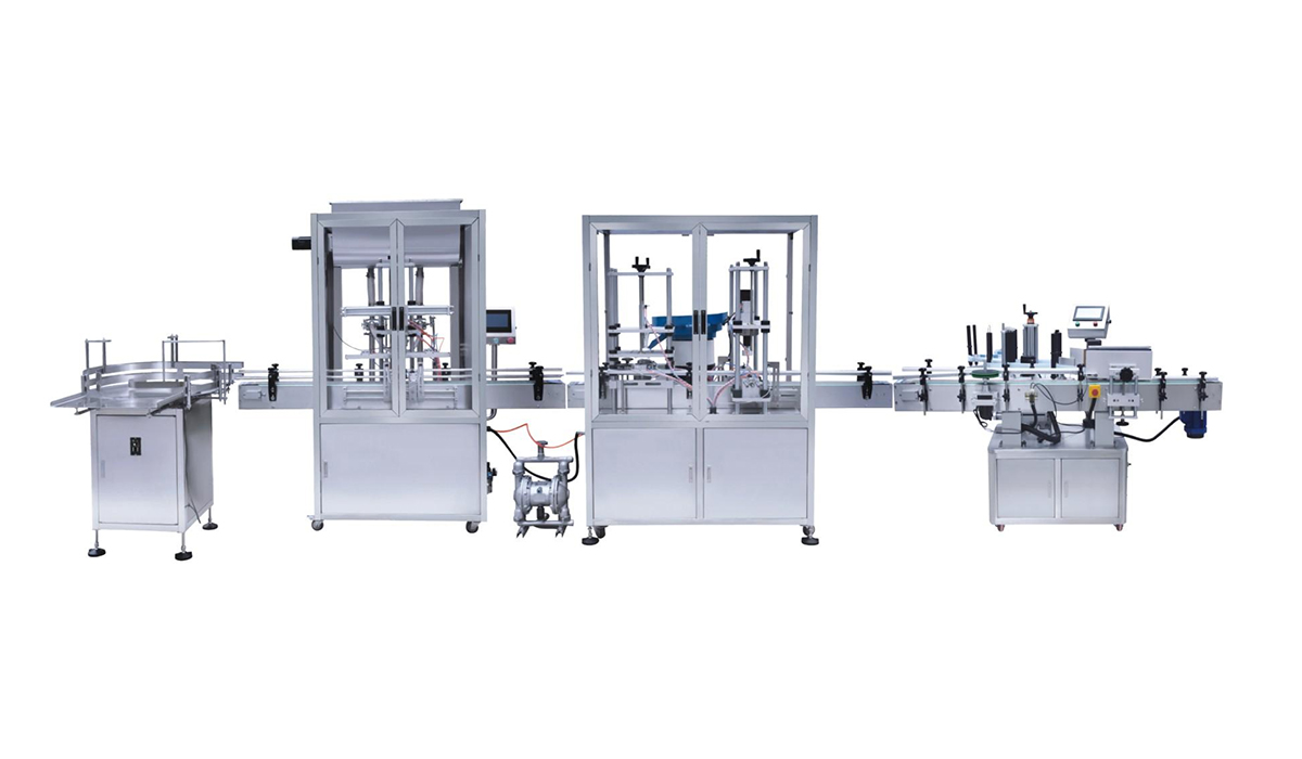 理瓶机+自动膏体灌装机+落盖旋盖一体机+自动贴标机